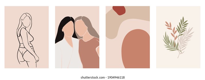 Posters collection. Abstract and linear woman vector portraits. Contemporary art with terracotta colors. tropical leaves and abstract background. Summer vibes. Perfect for print, poster, social media