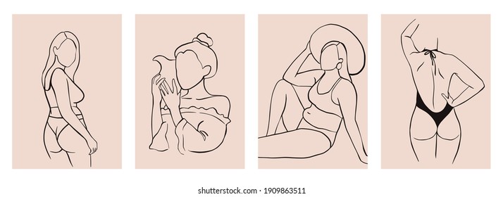 Posters collection. Abstract linear woman vector portraits. Contemporary art with figures of body positive women. Female collection. Perfect for print, poster, social media