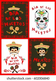 Posters collection on Day of the dead with mexican sugar skull, sombrero, mariachi and maracas