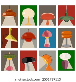 Coleção de posters de lâmpadas de mesa caseiras vintage. Decoração de luz interior diferente em estilos retro. Iluminação caseira para interior acolhedor. Cartaz da casa interior