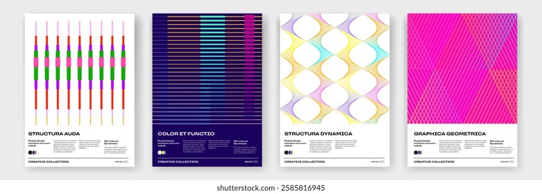 Posters with color gradient and trendy dynamic shapes pattern for templates. Vector modern abstract poster backgrounds with color gradient mesh lines
