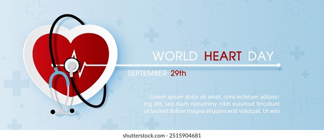 Poster's concept of world heart day in paper cut style with Stethoscope around on a red heart with wording of event, example texts on blue gradient and paper pattern background.