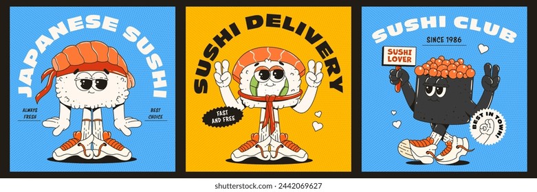 Posters with cool sushi and roll characters. Trendy retro groovy style. Sushi deliver. Bar, restaurant mascots.