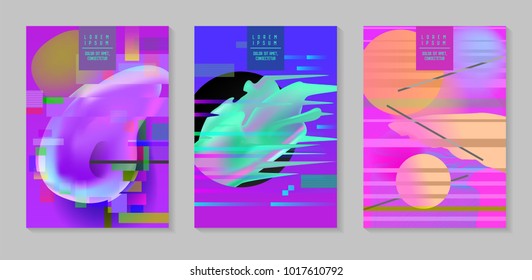 Posters, Covers with Glitch Effect and Bauhaus Fluid Shapes. Abstract Futuristic Hipster Design Set for Placard, Banner, Flyers. Vector illustration