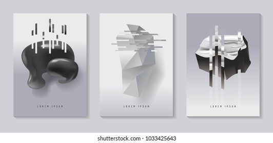 Posters, Covers with Glitch Effect and Bauhaus Fluid Shapes. Abstract Futuristic Hipster Design Set for Placard, Banner, Flyers. Vector illustration
