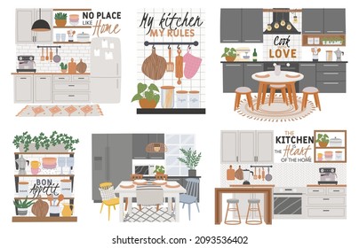 Posters with cozy kitchen room interiors and cook quotes. Kitchens furniture, cabinets, dining table and utensils. Hygge cooking vector set. Kitchen home quote, domestic banner illustration