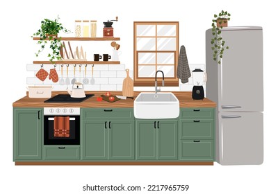 Afiches con acogedores interiores de cocina y citas para cocinar. Mobiliario de cocina, armarios, mesa de comedor y utensilios. Conjunto vectorial de cocina de hidrógeno. Cita en casa de cocina, ilustración de banner doméstico