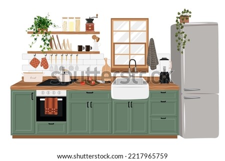 Posters with cozy kitchen room interiors and cook quotes. Kitchens furniture, cabinets, dining table and utensils. Hygge cooking vector set. Kitchen home quote, domestic banner illustration