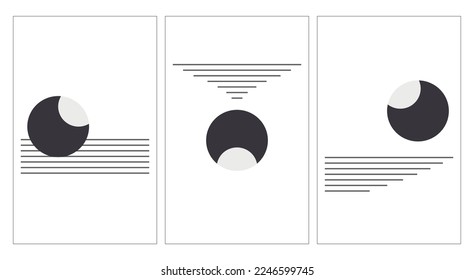posters created in modern abstract art, combination of stipes and circles; geometrical figures created in black and white