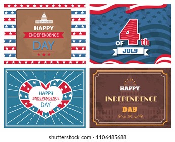 Posters dedicated to Independence day of America, patriotic holiday celebrated on 4th of July vector illustration set of greeting cards with memorials