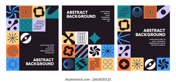 Diseños de carteles con fondos geométricos abstractos en estilo Bauhaus. Plantillas con collage retro de Elementos e íconos en el brutalismo. Maquetaciones con signos y símbolos. Ilustraciones vectoriales planas