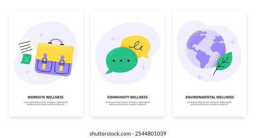 Carteles con diferentes temas de bienestar. Lugar de trabajo, vida social y bienestar ambiental. Ilustraciones planas de Vector.