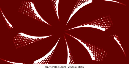 afiches o medios digitales que necesitan imágenes llamativas y llamativas. Obra de arte abstracta roja vibrante con pétalos blancos curvos que irradian desde un centro de puntos azules. Un patrón moderno y enérgico 