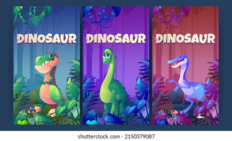 Posters with dinosaurs in prehistoric jungle. Cute baby diplodocus, tyrannosaurus rex and velociraptor characters. Vector banners with funny raptor and herbivore dino in forest