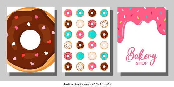 Poster mit Donuts, Desserts, Kuchen, Plätzchen mit Glasur und Streusel. Bright Cards für Geburtstage, Feiertage, Ladenöffnungen. Nahtloses Donut-Muster. Rosafarbenes Eis tropft mit Streuseln.