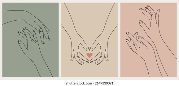 Posters with elegant female outline hands, line art style. Various gestures, outline silhouettes. Vector illustration