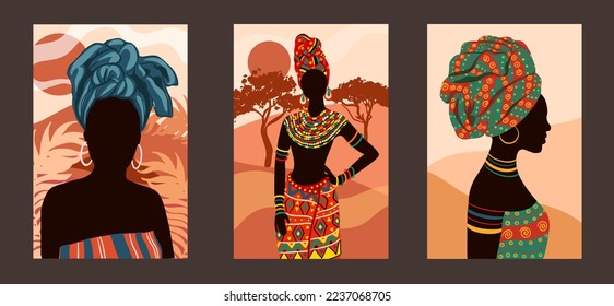 Posters and ethnic African women  Tribal boho style  Vector illustration