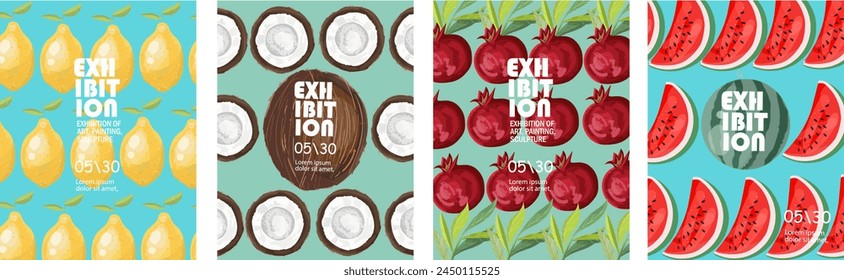 Posters for an exhibition, festival of abstract art: music, literature or painting, with fruit. Vector illustration in hand drawn style. Background for flyer, advertisement, poster.