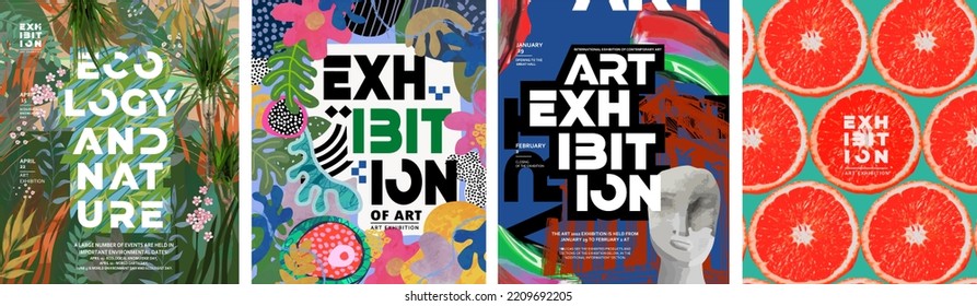Posters for exhibitions art  sculpture  nature   ecology  Vector illustrations objects  stains  abstraction  paint   grapefruit halves for background  flyer card