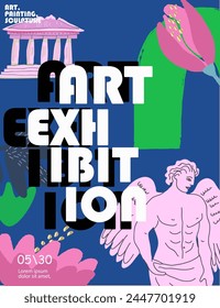 Posters for exhibitions of art, sculpture, nature and ecology. Vector illustrations of sculpture, stains, abstraction, paint for background, flyer or card. Exhibition, festival of contemporary art.

