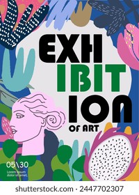 Posters for exhibitions of art, sculpture, nature and ecology. Vector illustrations of sculpture, stains, abstraction, paint for background, flyer or card. Exhibition, festival of contemporary art.

