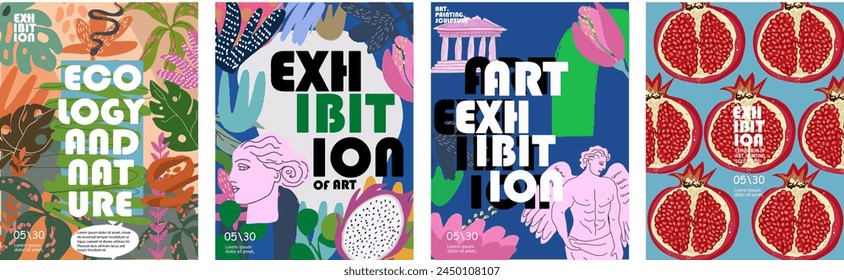 
Posters for exhibitions, art, sculpture, nature and ecology festivals. Vector illustrations of ancient sculptures, stains, abstraction, colors and pomegranate halves for background, flyer.