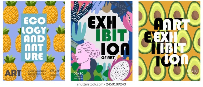 
Posters for exhibitions, art, sculpture, nature and ecology festivals. Vector illustrations of antique sculptures, spots, abstract, flowers and halves of avocado, pineapple.