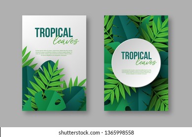 Posters with exotic jungle tropical palm leaves. Summer floral design, paper cut style. Copy space. Vector illustration.