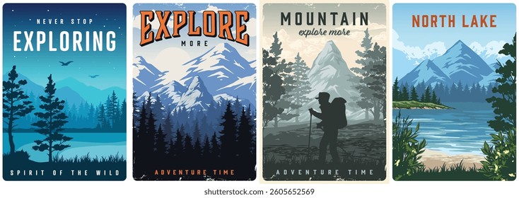 São exibidos cartazes com vários temas ao ar livre, como montanhas, lagos e exploração. Cada design inspira aventura e apreço pela beleza e espírito da natureza.