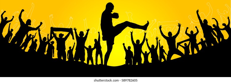 Posters with fighter and cheering fans