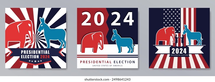 Afiches en estilo plano para las elecciones presidenciales de Estados Unidos de 2024 con los partidos demócrata (burro azul) y republicano (elefante rojo) con diseños patrióticos, que incluyen estrellas, rayas y la bandera estadounidense