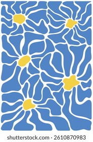 Posters with flowers. Flower pattern. Blue and yellow flowers. Abstract floral patterns. Cartoon flat vector on background. Modern flat design for poster, paper, cover, background, fabric and wall art