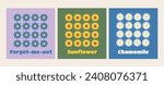 Posters with flowers set. Bloom and blossom plants. Yellow, blue and white flowers. Sunflower and chamomile. Covers or banners. Cartoon flat vector collection isolated on beige background