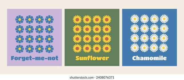 Posters with flowers set. Bloom and blossom plants. Yellow, blue and white flowers. Sunflower and chamomile. Covers or banners. Cartoon flat vector collection isolated on beige background