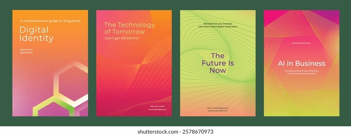 Posters with futuristic. Keywords: digital, technology, future, AI. Bold colors and abstract designs highlight innovation and progress. Digital transformation, colorful poster template vector set.