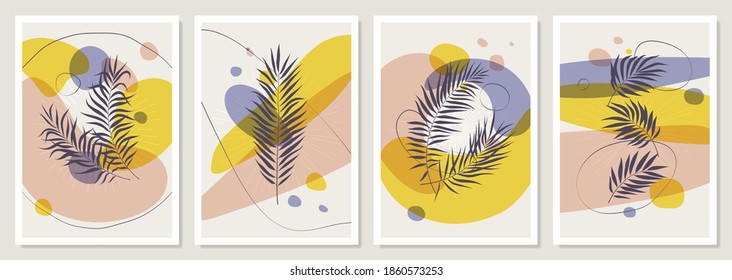 Afiches con formas geométricas, plantas y hojas tropicales, combinaciones de colores pastel con vigas de sol, arte mural de diseño de fiesta de verano, ilustración vectorial	
