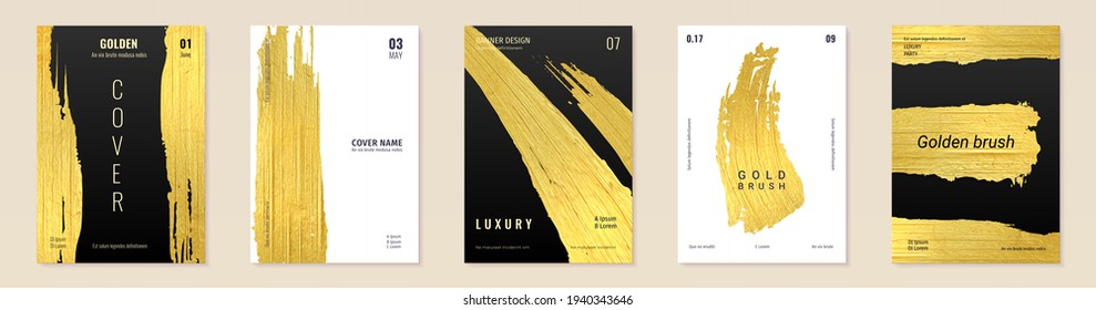 Posters of gold. Golden luxury banners design. Party invitations and promotional cards set. Foil grunge texture. Paintbrush smears on black or white background. Vector flyers template