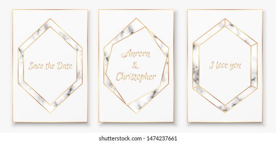 Posters with gold polygonal crystal frames and trendy marble texture. Elegant decoration for wedding invitations, birthday cards, posters or other design purposes. Art deco style vector illustration.