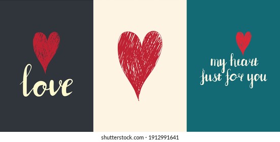 Posters or greeting cards with hearts anf phrases. Can be used for Valentine, wedding, celebration. For commercial, web, posts in social media. For print on clothes, mugs, pillows, notebooks, posters.