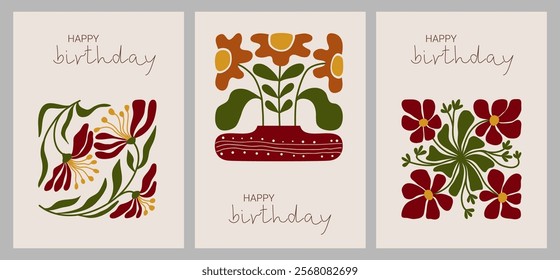 Posters or greeting cards with a place for the text. Fashionable floral designs for the interior, postcards, tee print in the hippie style. Naive groovy funky decor. Flat retro illustrations.