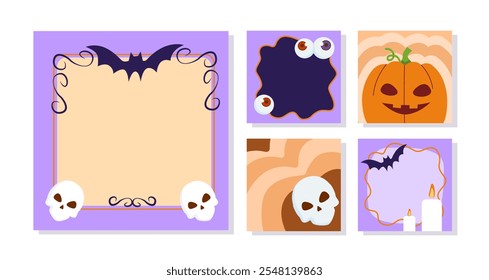 Pósters para Halloween. Postales con murciélagos negros, calabaza y calavera. Festividad internacional del miedo y el horror. Diseño de Tarjeta de regalo. Colección plana del Vector aislada en el fondo blanco