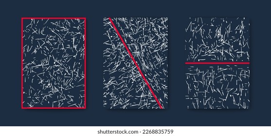 Posters with hand drawn chaotic scratches, dashes and stains. Red dividing lines. Vector template