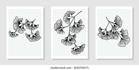 Posters with hand drawn ginkgo biloba branches vector illustration on white background