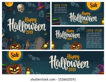 Posters with Happy Halloween 2019 handwriting calligraphy lettering. Vector color vintage engraving pumpkin with scary face, lamp, moon, bat, skull, witch hat, hand, cauldron, cross, grave.