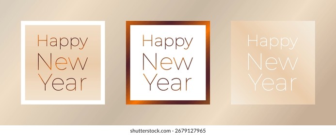Pósters Feliz año Nuevo en estilo degradado, oro, marco, cubiertas. Ilustración vectorial