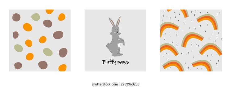 Posters with a hare with rainbows and with rainbows. Vector Stock illustration. Animals. Children's drawings. hand drawn. Doodle