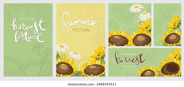 Poster für Ernte- oder Sommerfest. Set von Design-Elementen, Vektorgrafik Hintergründe verschiedene Formate mit Sonnenblumen und Kamille. Handgeschriebener Titel der Kalligrafie.