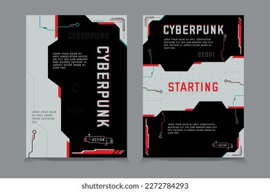 Poster mit Hud-Elementen, Cyberpunk-Banner, Hochtechnologie-Banner mit 3D-Figuren, Vektorgrafik EPS10