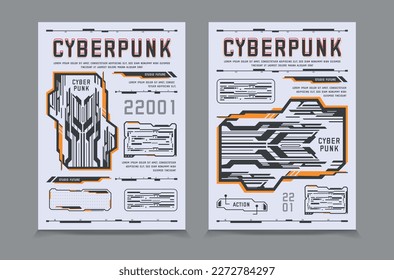 Poster mit Hud-Elementen, Cyberpunk-Banner, Hochtechnologie-Banner mit 3D-Figuren, Vektorgrafik EPS10