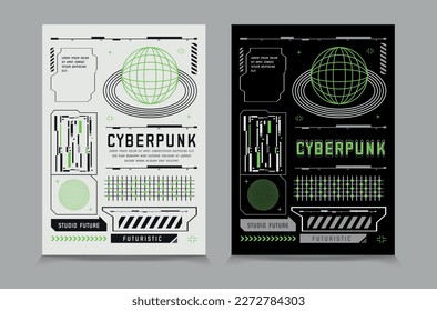 Afiches con elementos Hud, banner ciberpunk, banner de alta tecnología con figuras 3D, Vector Illustration EPS 10